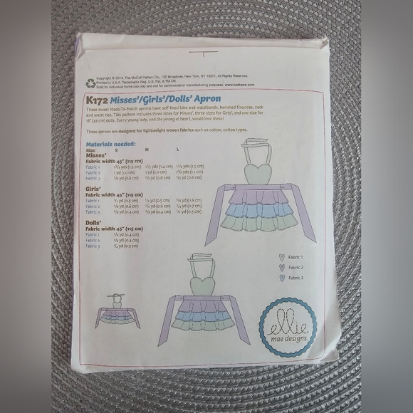 KWIK SEW MISSES'/GIRLS'/DOLLS' APRON 0172 - Picture 2 of 2